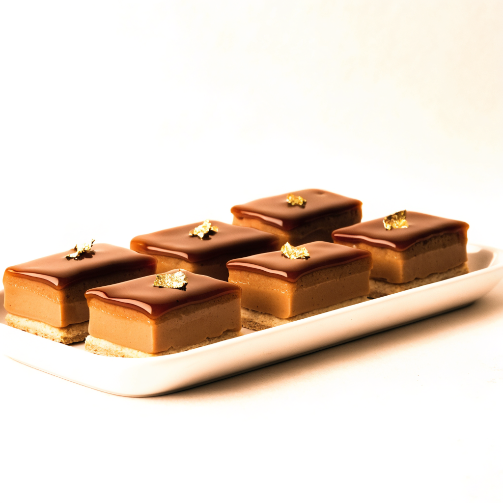 Tray of caramel glow pastries with gold leaf, Lazurd Kuwait